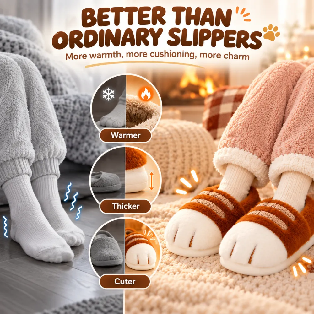 Cat Paw Plush Slippers Fleece-Lined Thick Warm
