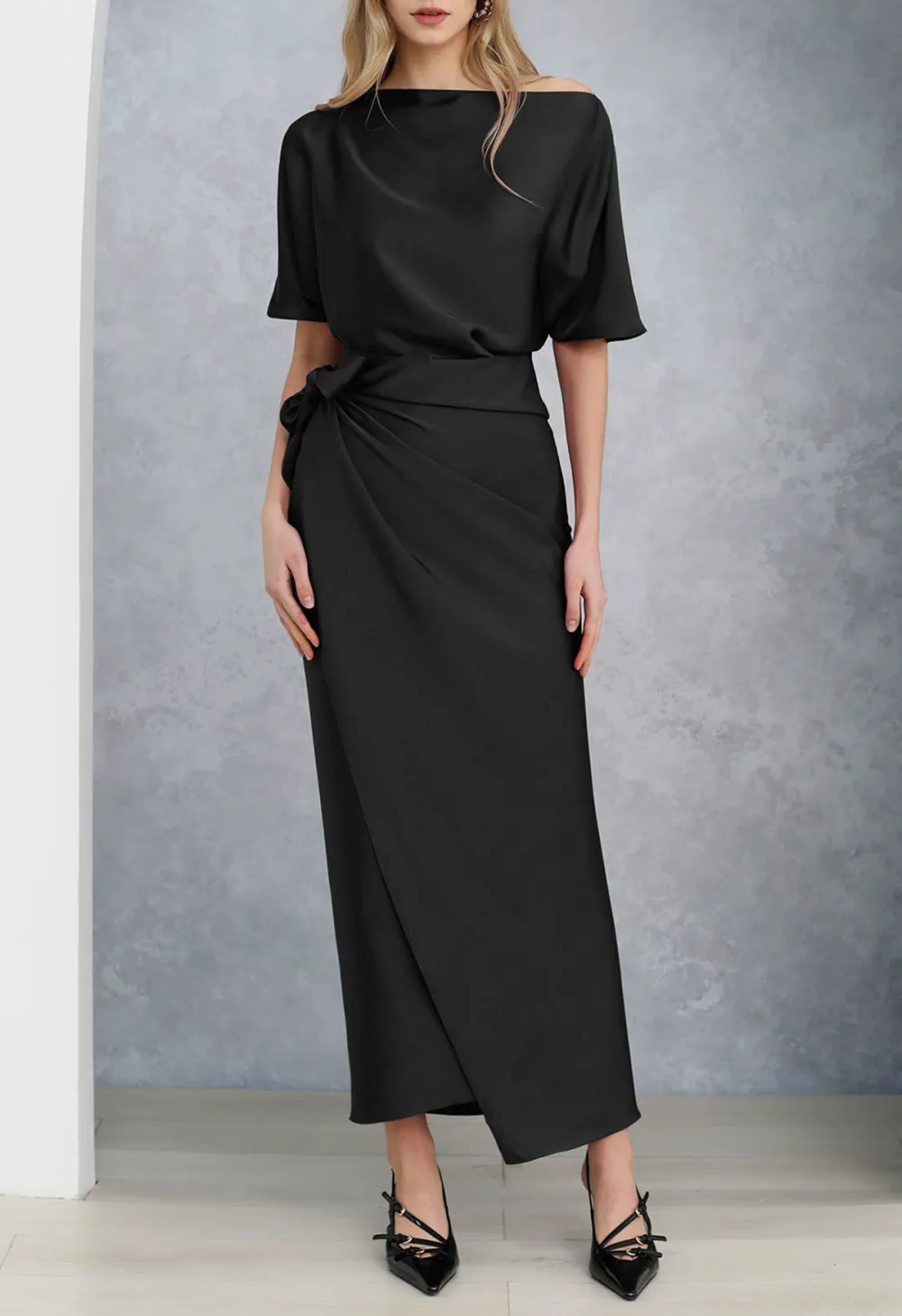 SATIN SHORT-SLEEVE WRAPPED WAIST MAXI DRESS IN BLACK