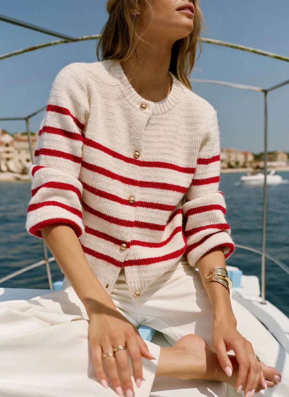 Casual Style Red Wool Blend Stripe Knit Cardigan