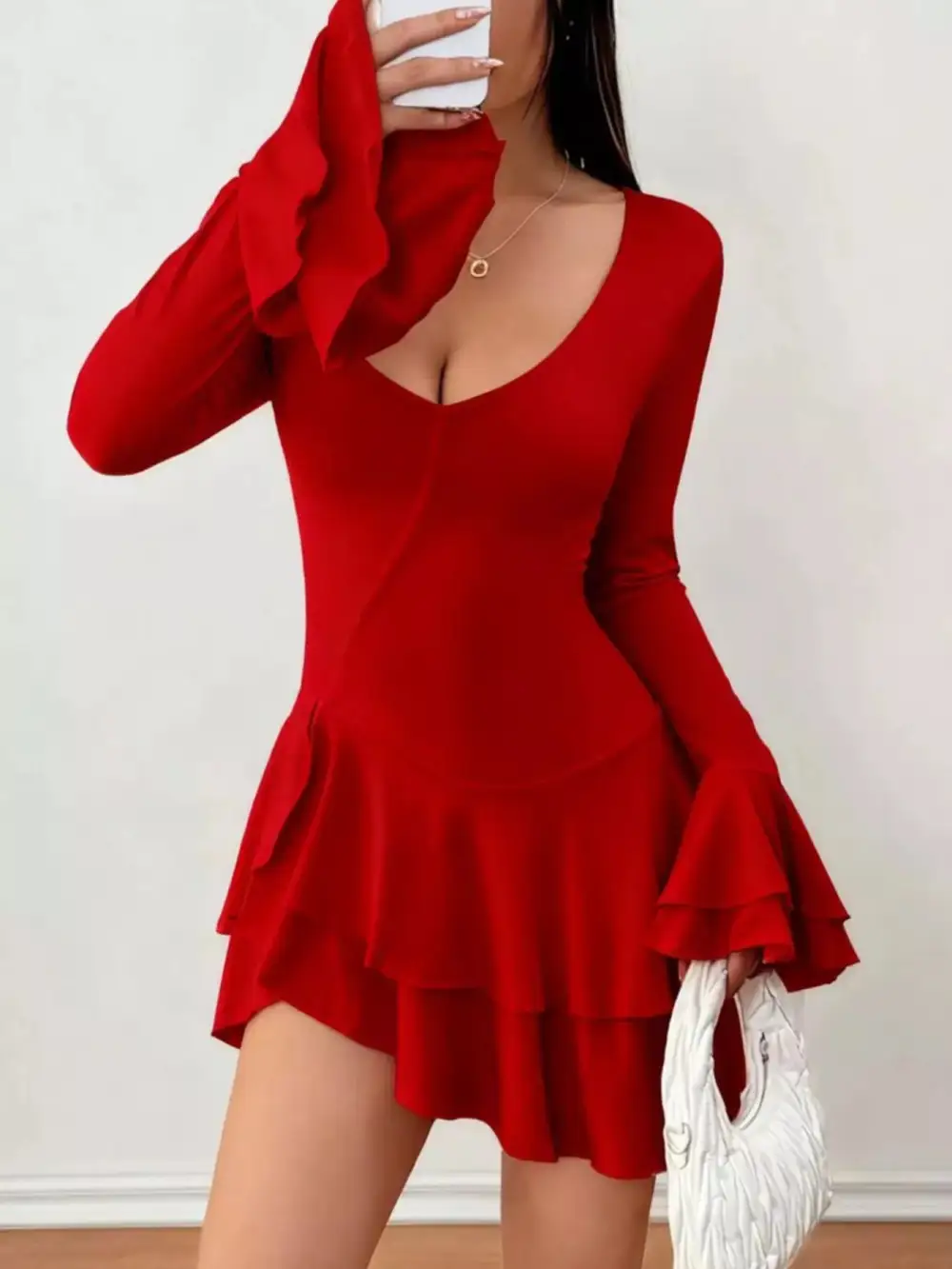 Textured Detail Ruffle Mini Dress