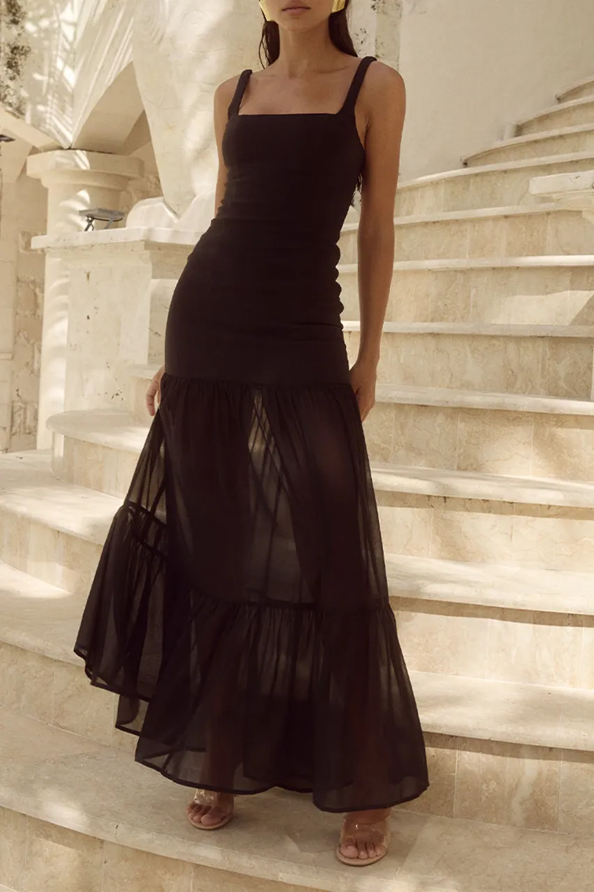 Black Suspender Skirt Tail Mesh Maxi Dress