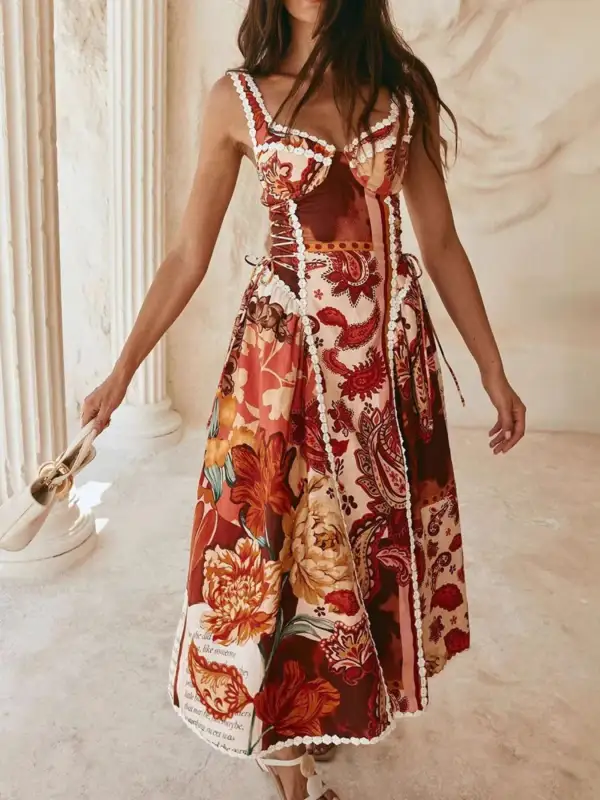 Paisley Print Lace Midi Dress