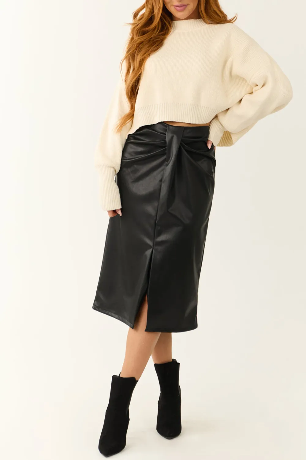 Black Faux Leather Pleating Detail Midi Skirt