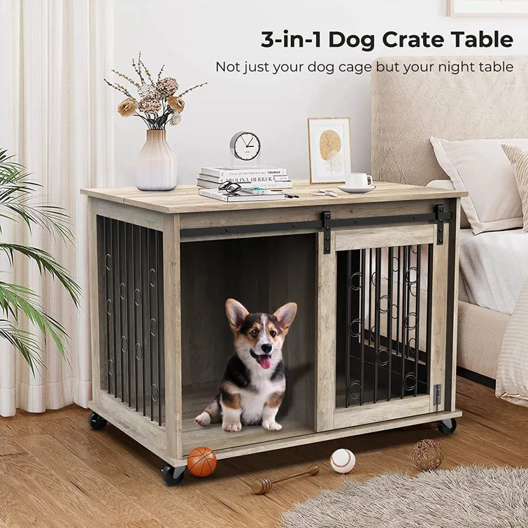 Dog Crate Furniture With Divider For 2 Small To Medium Pets, Wooden Cage End Table, Heavy Duty Indoor Puppy Kennel With Removable Divider And Sliding Door, 39.37'w*25.2'd*28.94'h