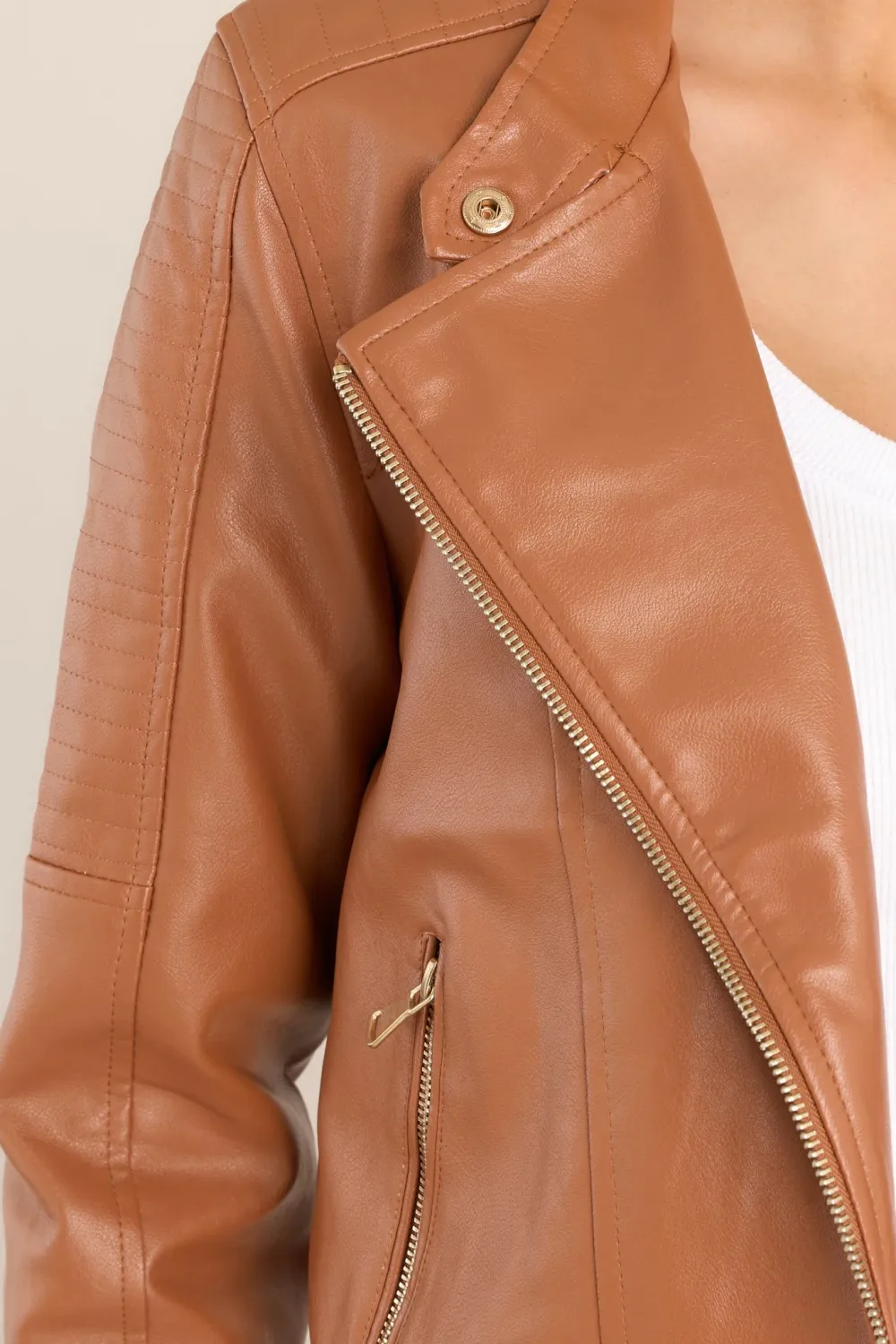 DEFYING THE ODDS CARAMEL FAUX LEATHER JACKET