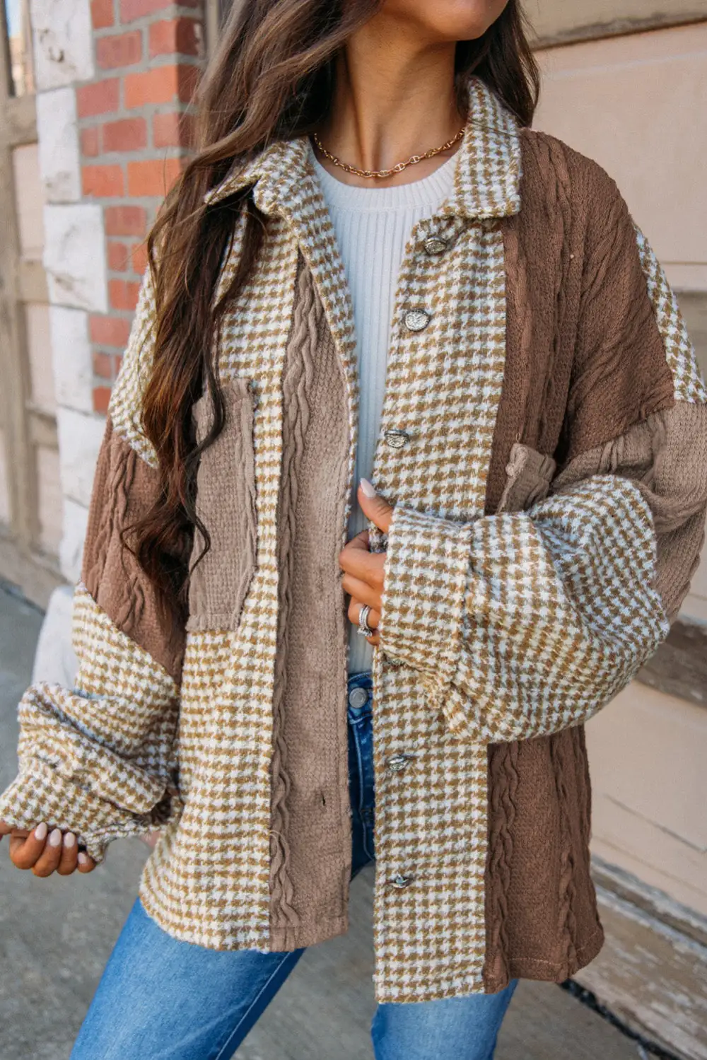 Houndstooth Contrast Textured Patchwork Loose Shirt Jacket Color