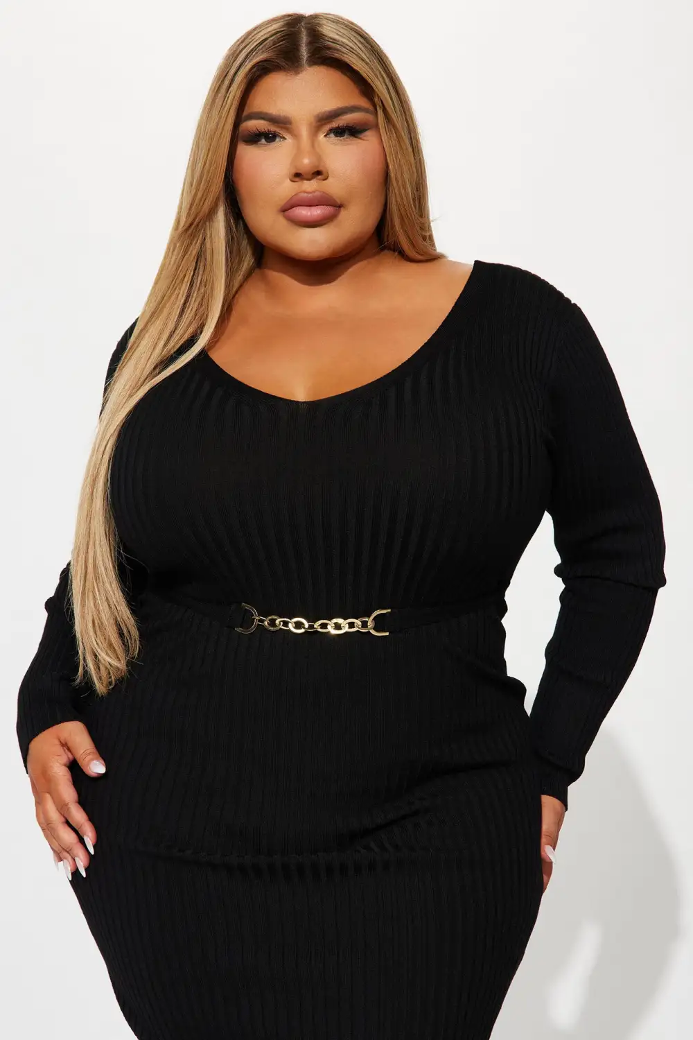 Rocking Baddie V- Neckline Midi Dress - Black