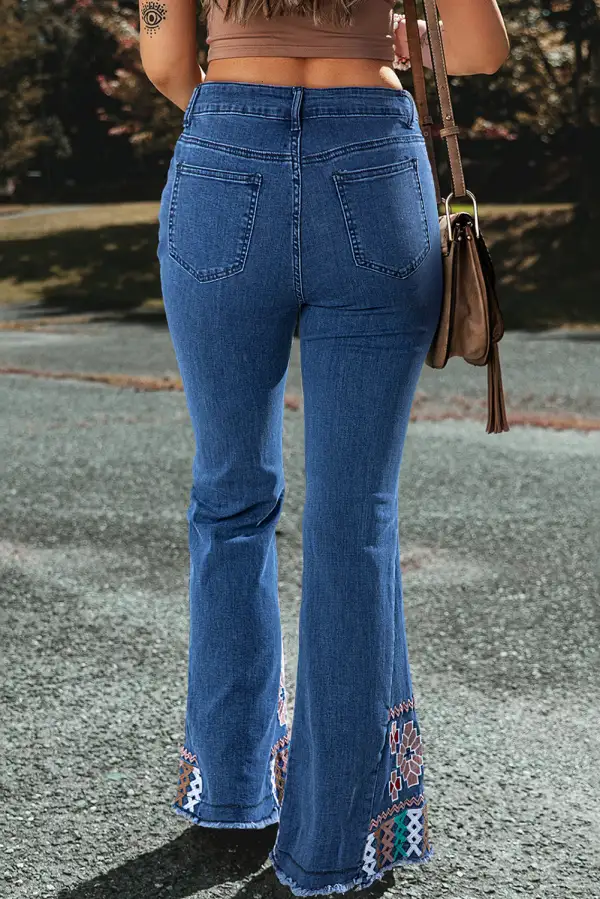 Blue Geometric Embroidered Raw Hem Flared Jeans
