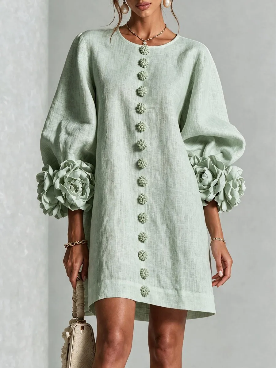 Elegant 3D Floral Button-Front Mini Dress With Striking Floral Cuffs