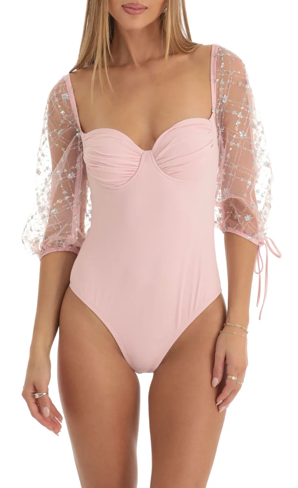 Sequin Puff Sleeve Bodysuit in Pink