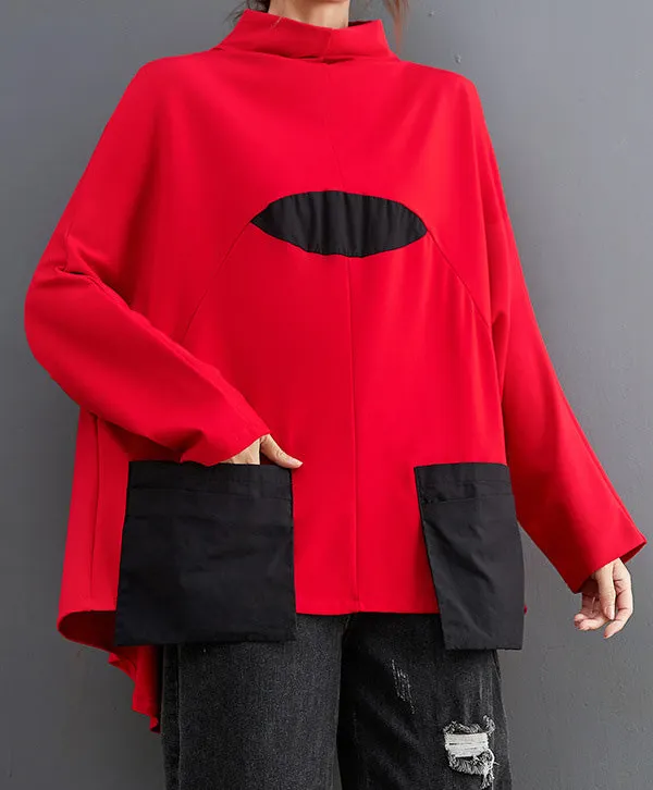 Casual Relaxed Panel Detail High Neck Long Batwing Sleeve T-Shirt