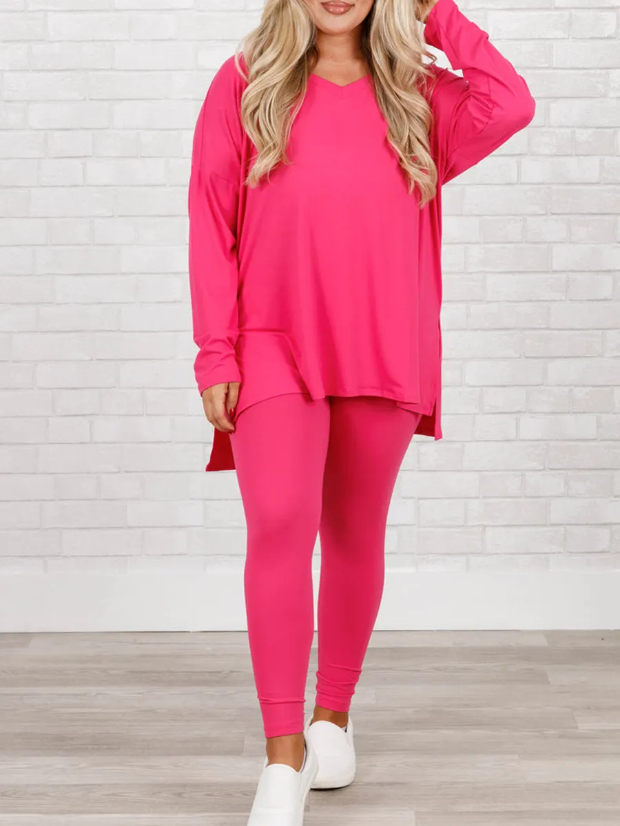 Rose red slit T-shirt leggings set