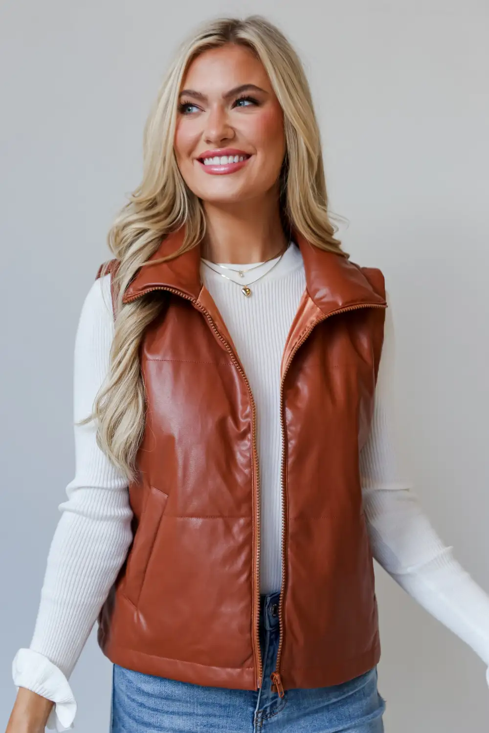 FINAL SALE - Coolest Demeanor Camel Leather Puffer Vest