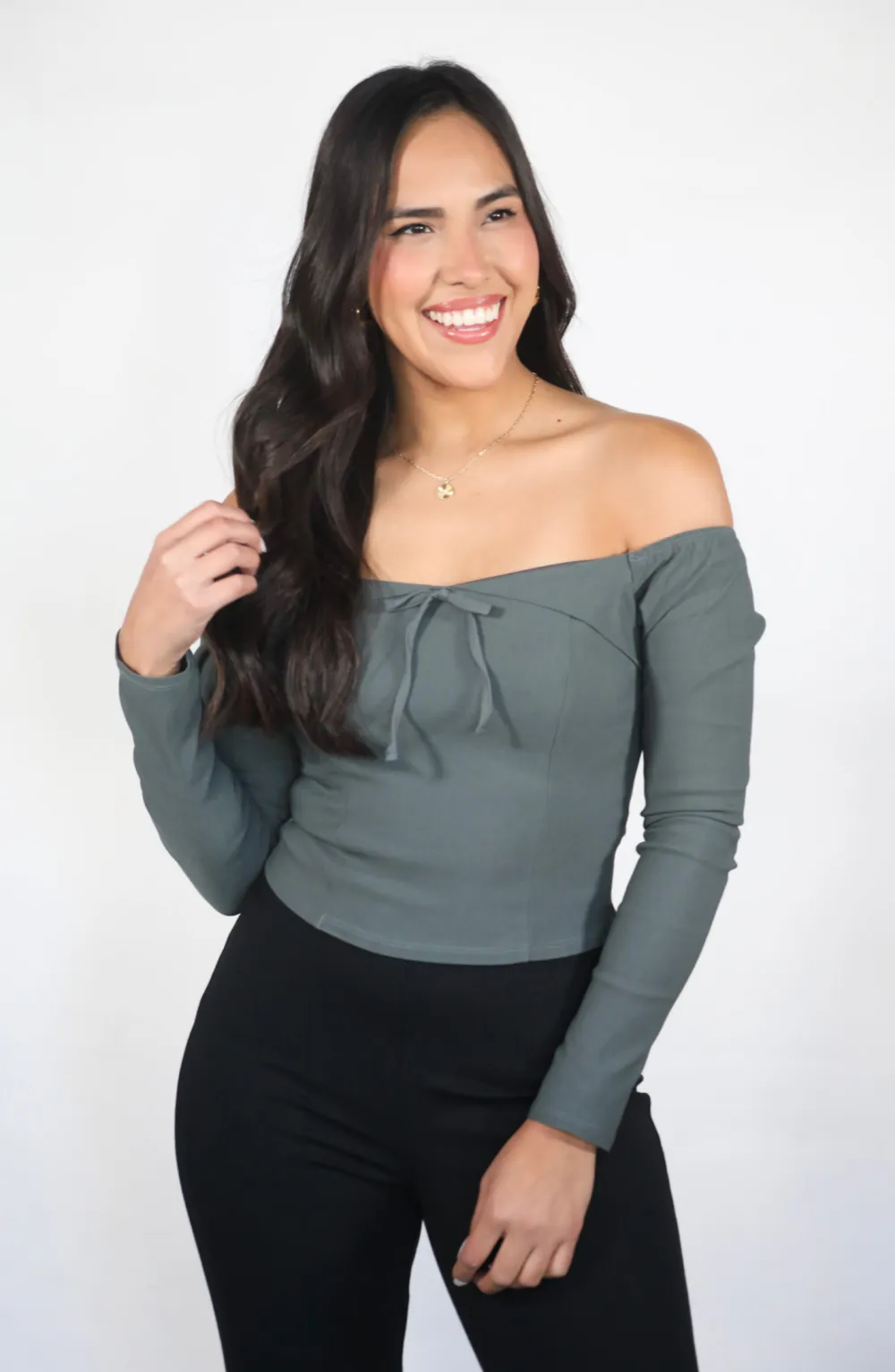 Give It Time Charcoal Off The Shoulder Top