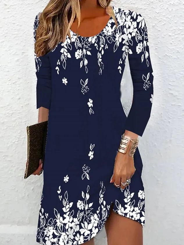 Women Floral Crew Neck Long Sleeve Comfy Casual Midi Dress