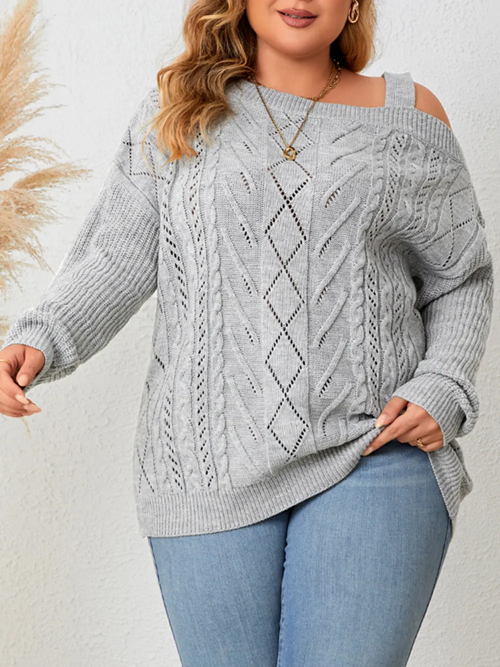 Women Plus Size Knitted Sweater Long Sleeve Off Shoulder Top