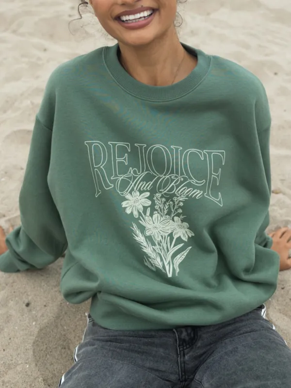 Women's Inspirational Flower Pattern Printed Long-Sleeved Round-Neck Sweatshirt