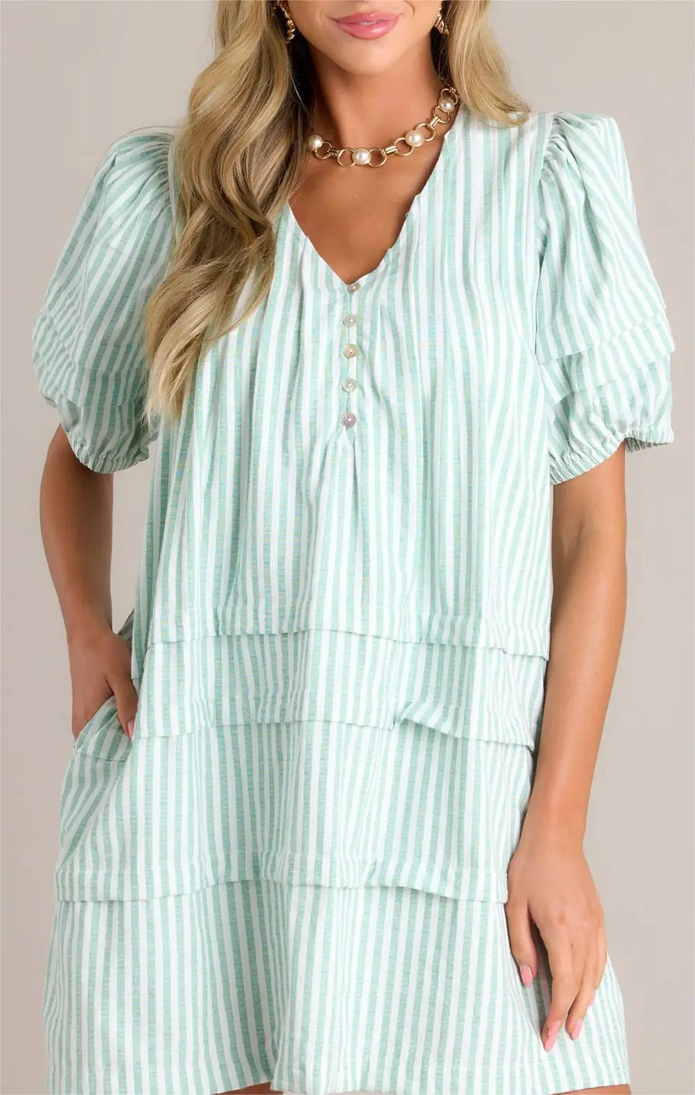 ADORE YOU MINT GREEN STRIPE PUFF SLEEVE MINI DRESS