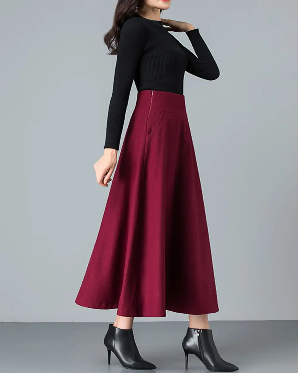 Relaxed Pleated Wool Flared Midi Skirt