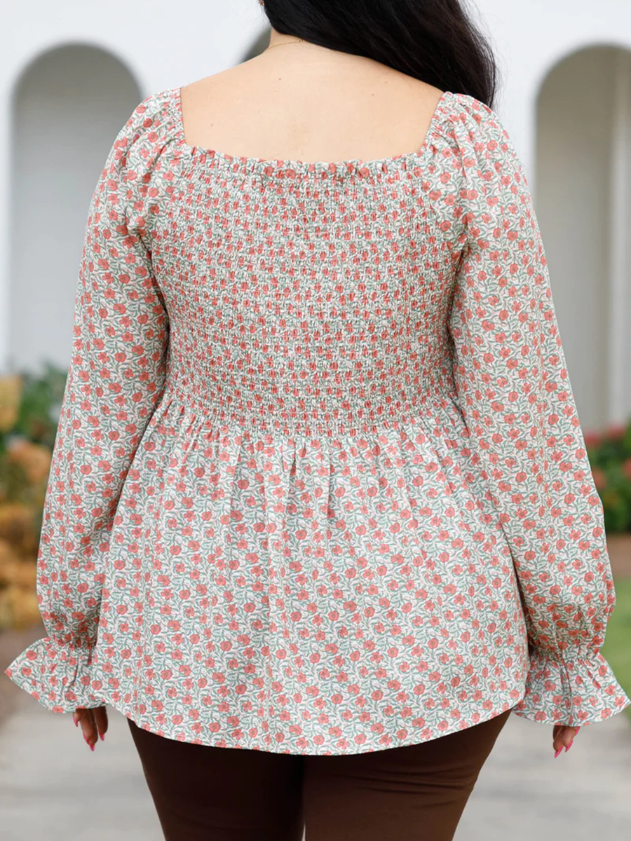 Flower pattern pleated square neck lantern sleeve shirt