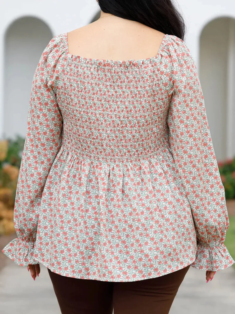 Pleated Square Neck Lantern Sleeve Shirt