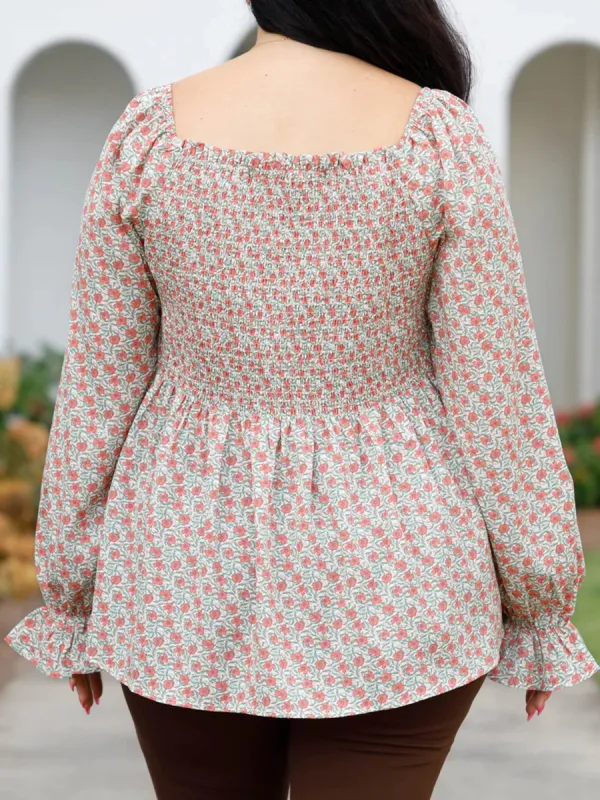 Pleated Square Neck Lantern Sleeve Shirt