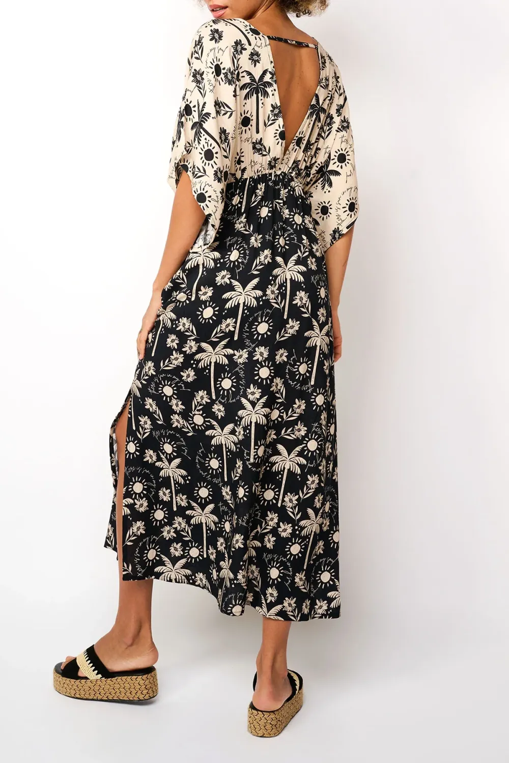 Black And White Palm Print Short Sleeve Maxi Dress