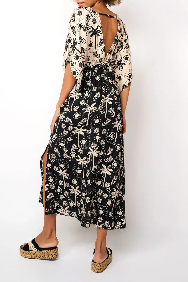 Black And White Palm Print Short Sleeve Maxi Dress