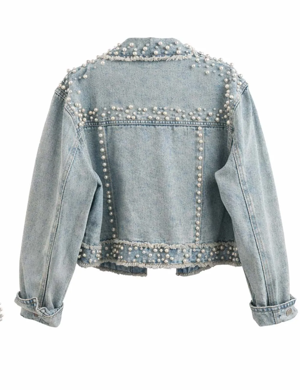 Faux Pearl Beaded Frayed Hem Cropped Denim Jacket