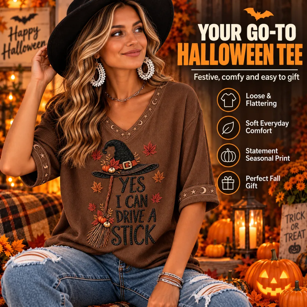 Halloween Witch Hat Print V-Neck Half-Sleeve T-Shirt