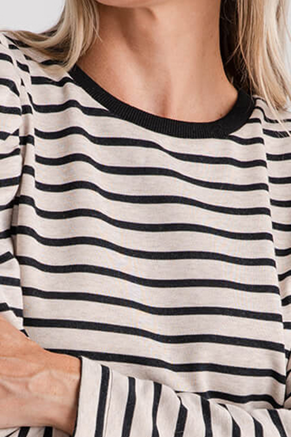 AnnieWear Stripe Puff Sleeve FrenchTerry Top - black/oatmeal