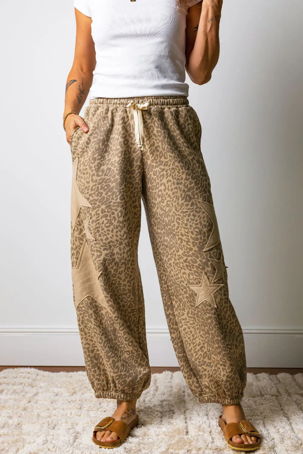 Leopard Star Drawstring Elastic Waist Pants