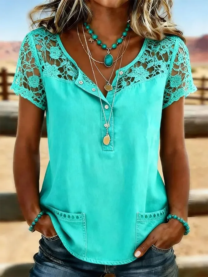 Women's Vintage Print Casual Hollow-Out Denim Shirt