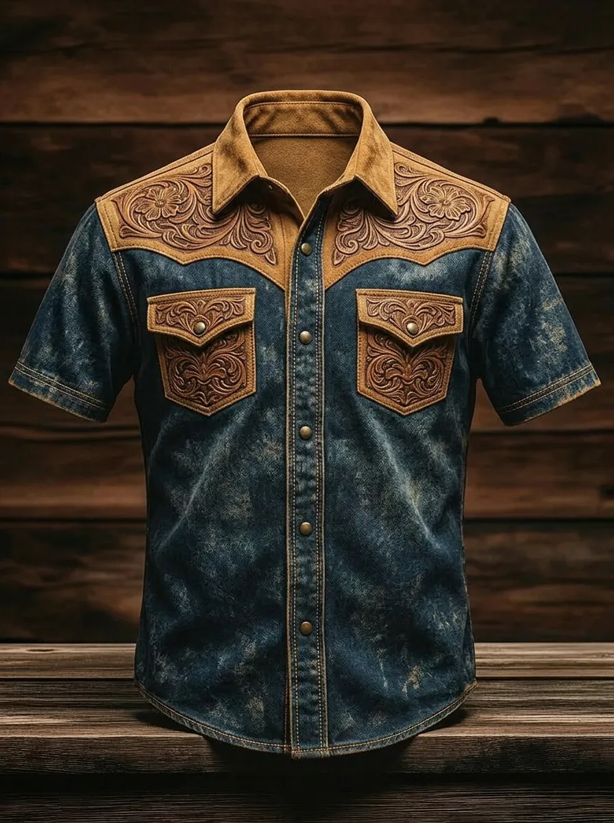 Men's Western Cowboy Floral Tooled Leather Printed Shirt-5