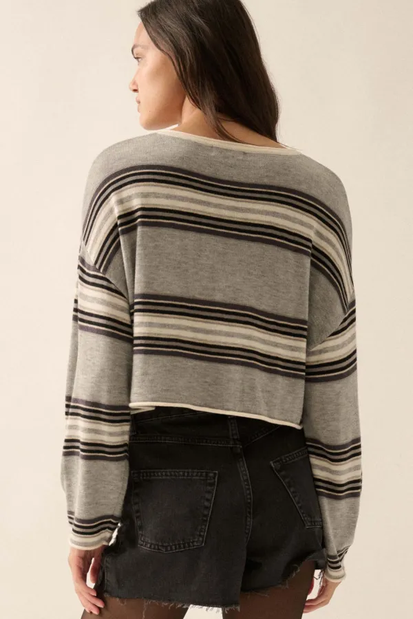 Level Best Striped Rolled-Edge Cropped Sweater