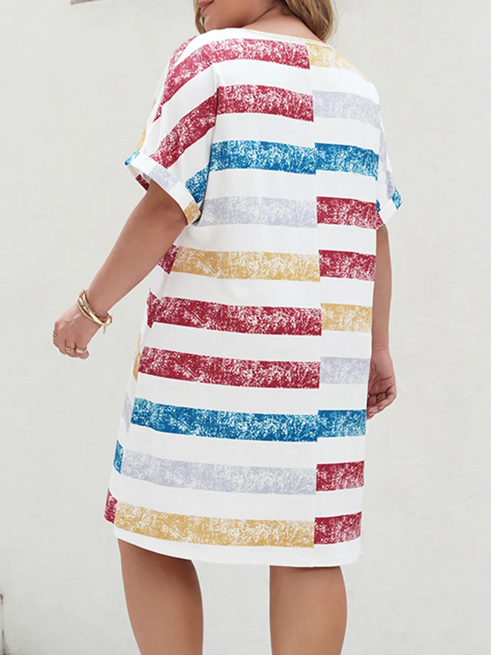 New Large Size Loose V Neck Striped Print Dress