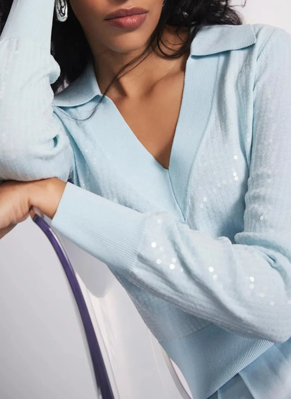 Casual Style Blue Sequin Knit Polo Top