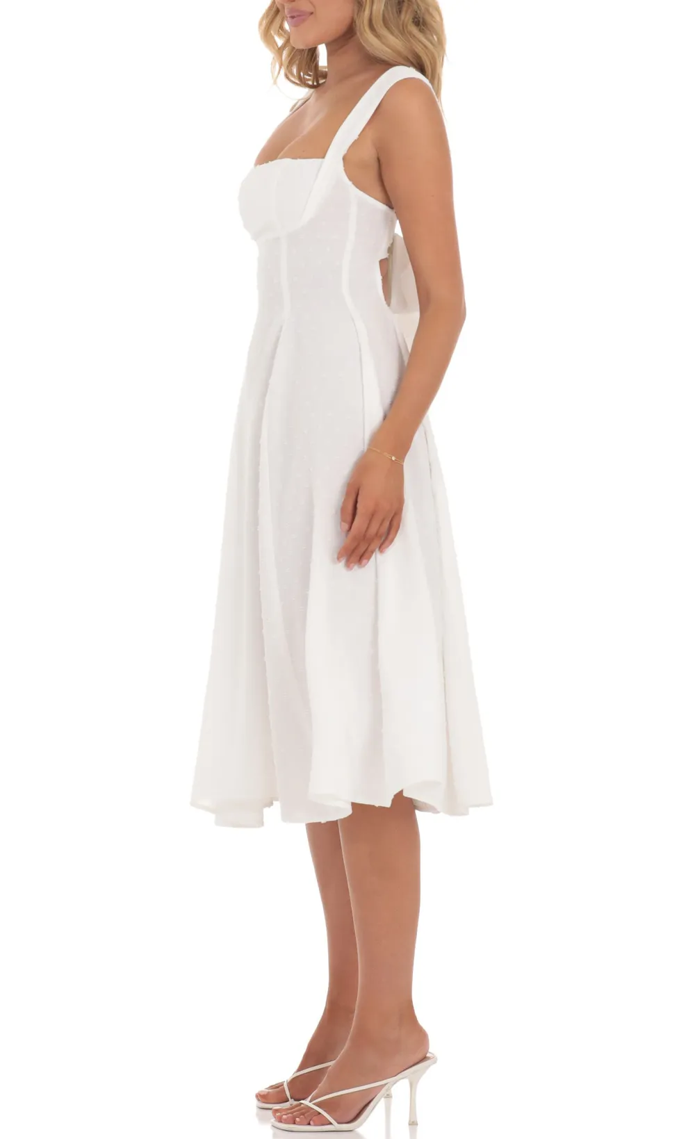 Dotted Square Neck Flare Midi Dress In White