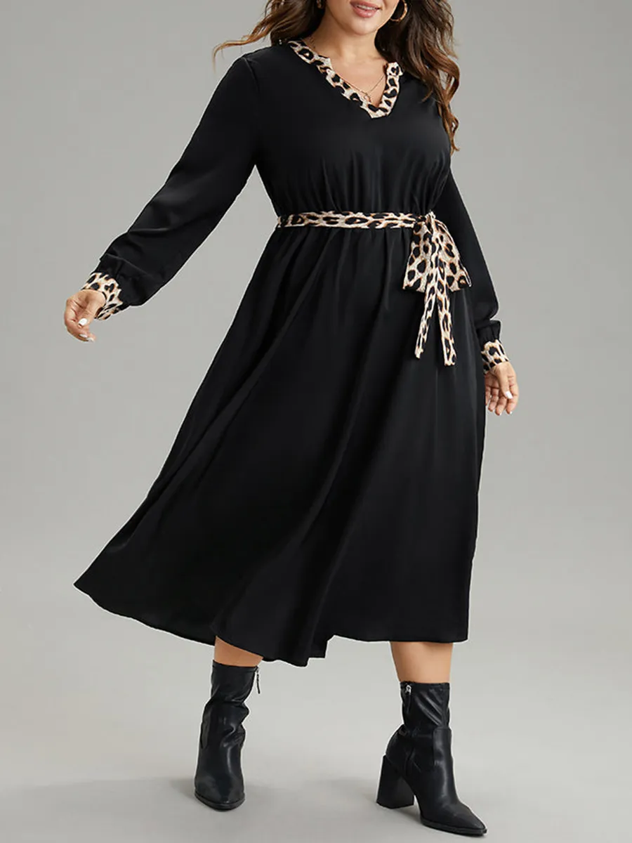 Elegant Senior Waist Waist Leopard Belt Dress Midi