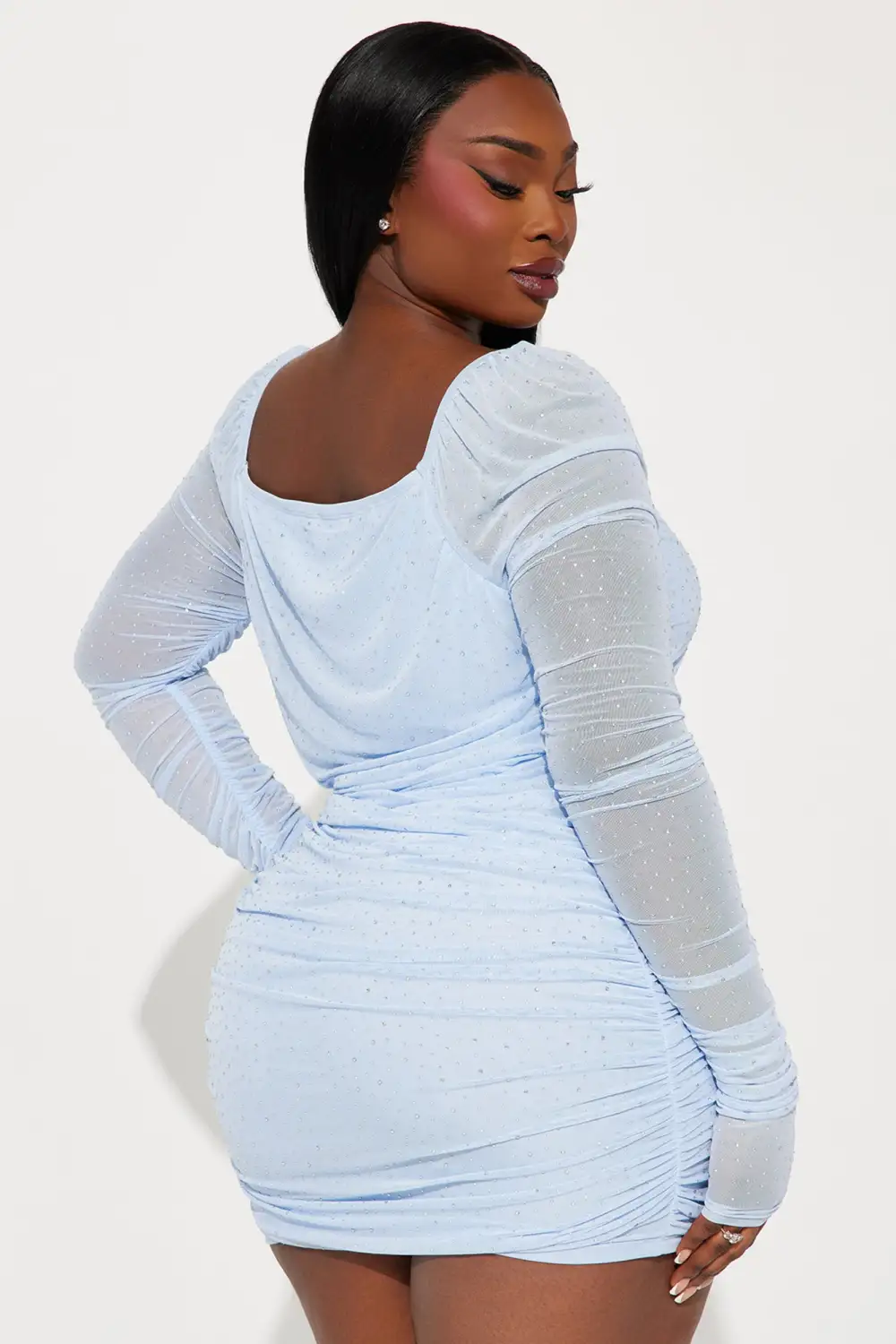 Tabby Rhinestone Mesh Mini Dress - Light Blue