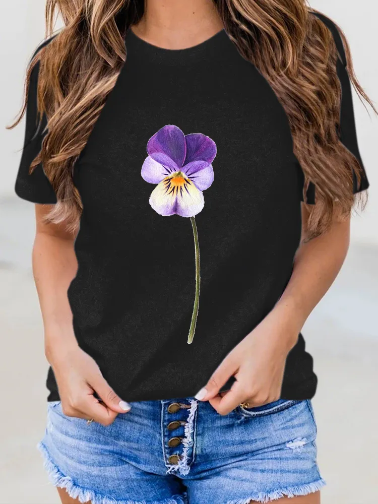 Women's Floral Printed Alzheimer's Awareness Round -Neck Short-Sleeved T-Shirt