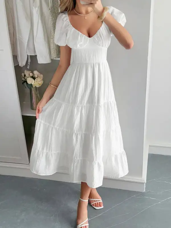 V Neck Short Sleeve Midi Dress