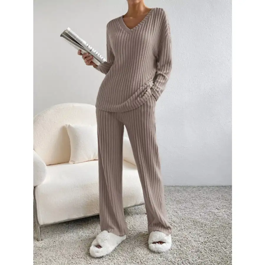 Ribbed Knit Long Sleeve Top and Pants Set