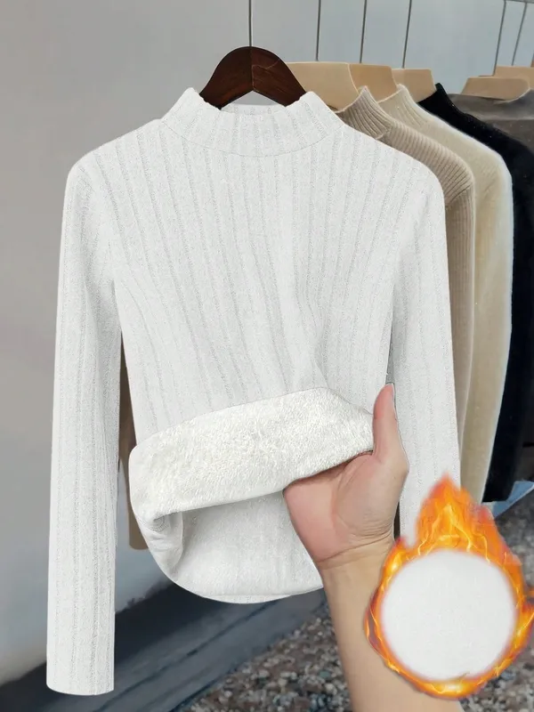 Women's Colorblock Plain Rib-knit Stand-Collar Blouse