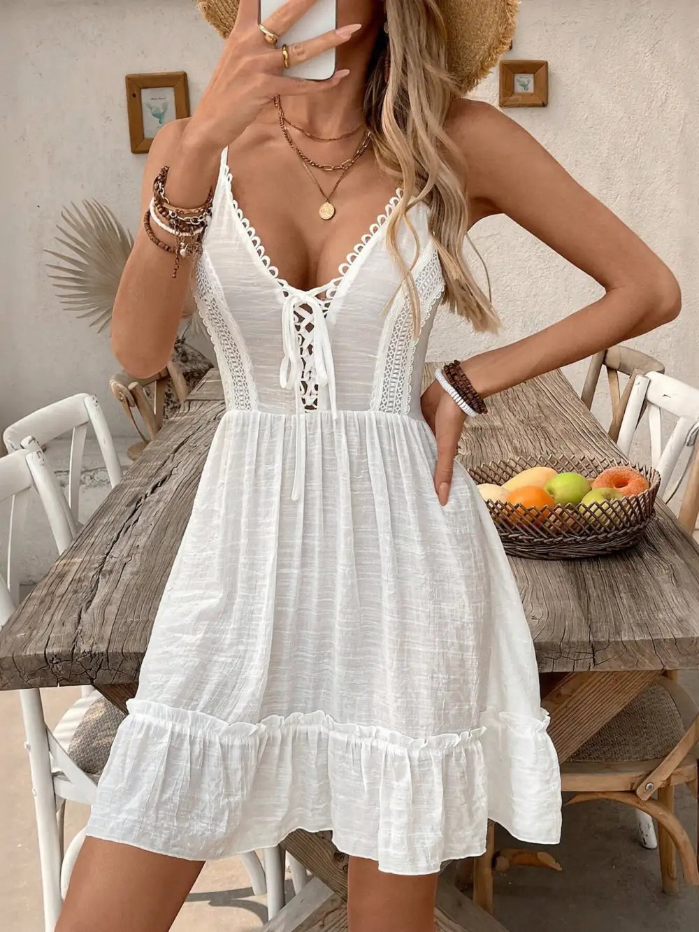 Lace V Neck Ruffle Mini Dress