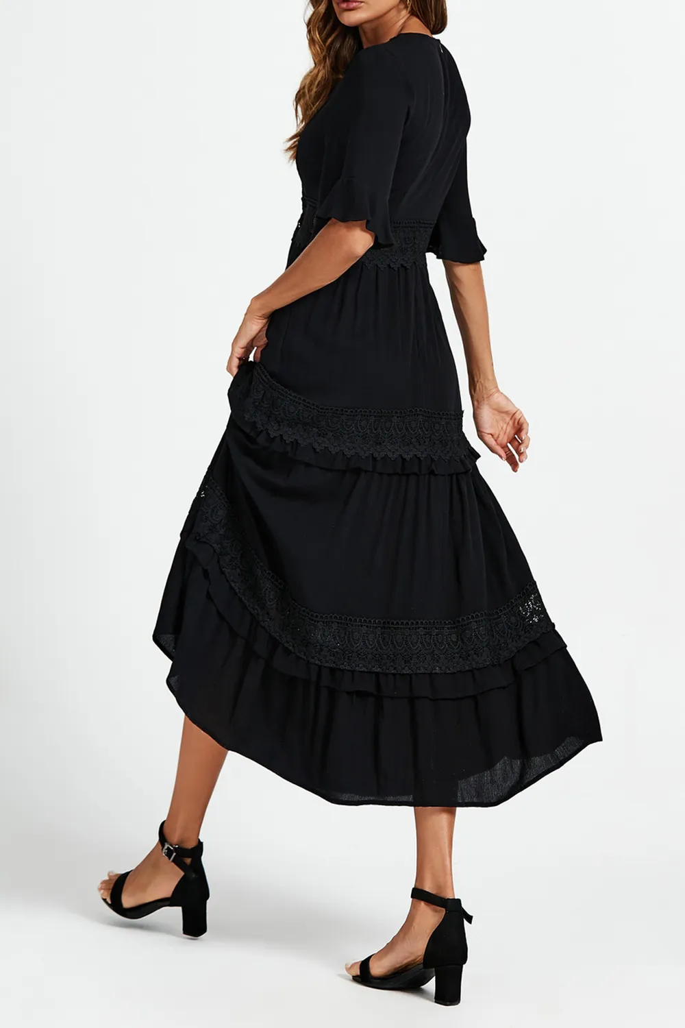 Black V-Neck Lace Ladies Elegant Dress