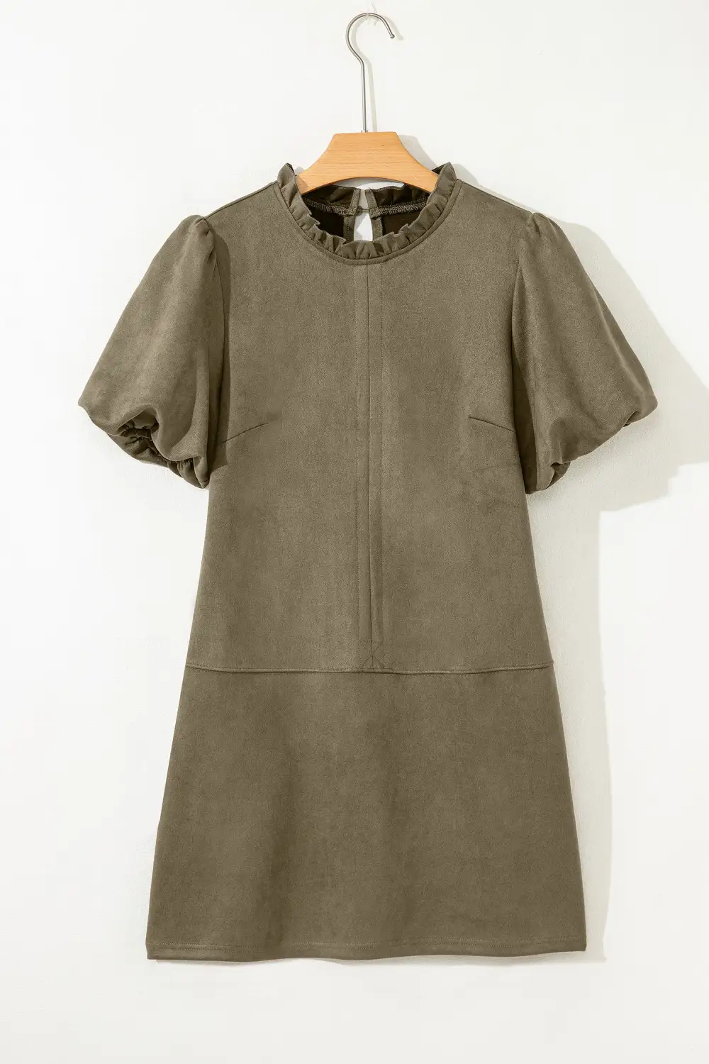 Moss Frilled Round Neck Short Puff Sleeve Shift Mini Dress