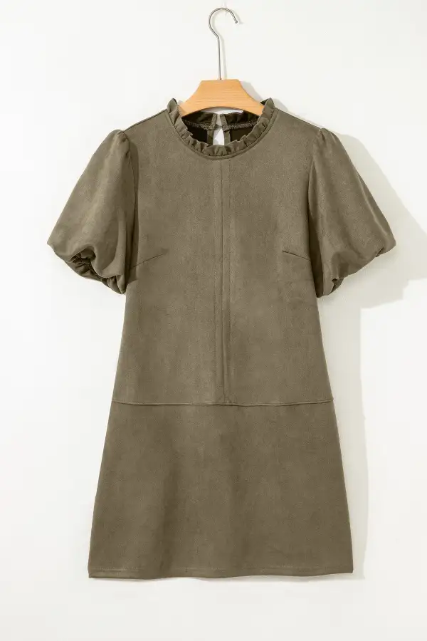 Moss Frilled Round Neck Short Puff Sleeve Shift Mini Dress