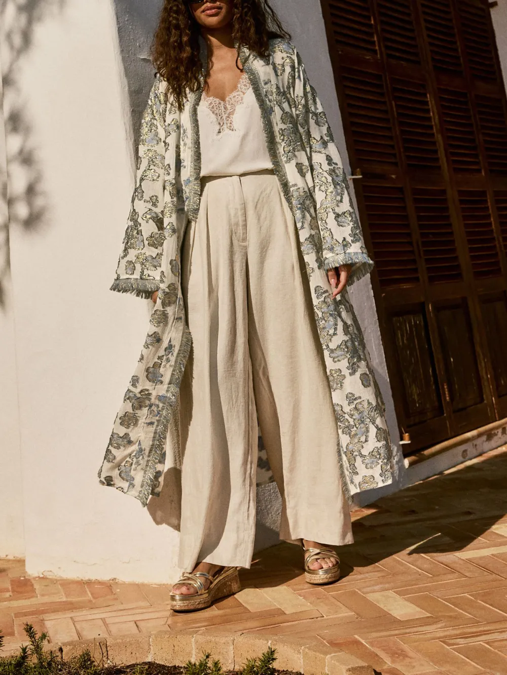 Ribbon-Cut Long Kimono Cardigan