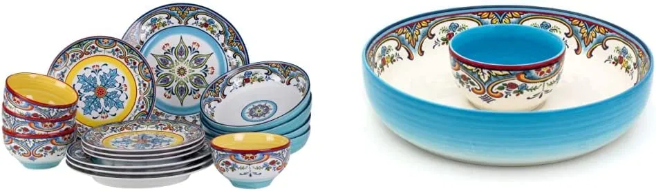 Euro Ceramica Zanzibar Double Bowl 16-Piece Dinnerware Set | Fine Kitchenware | Floral Multicolor Design Stoneware Tableware Service For 4